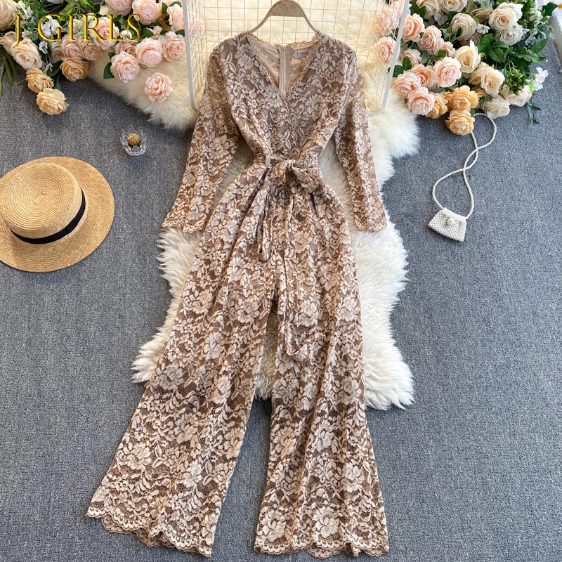 

J GIRLS New Fashion Women Sexy V-neck Lace Long Sleeve High Waist Slim Lace Up Wide Leg Jumpsuit Elegant Overalls