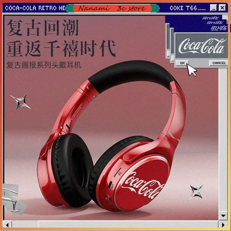 Фото Новые Bluetooth-наушники Coca-Cola T66, Bluetooth 6.0, накладные, из ABS-материала, беспроводные, ретро-дизайн, для игр и спорта, подарок. №1