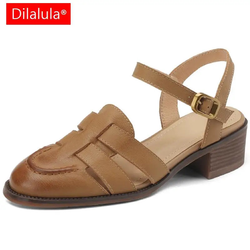 

Dilalula Retro Style Women Sandals Spring Summer Gladiator Genuine Leather Thick Heels Shoes Woman Casual Office Ladies Newest