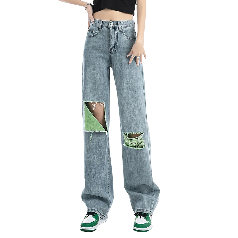 

Women's Straight Ripped Jeans Pants 2022 Summer New High-waisted Cool Hiphop Girls Hole Denim Pants
