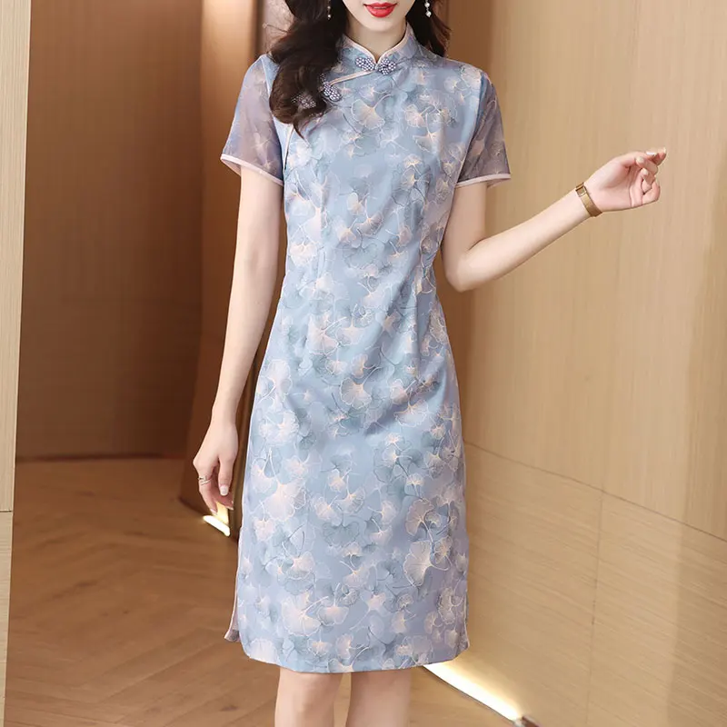 

2023 National style temperament beaded improved cheongsam summer new print elegant slimming dress female