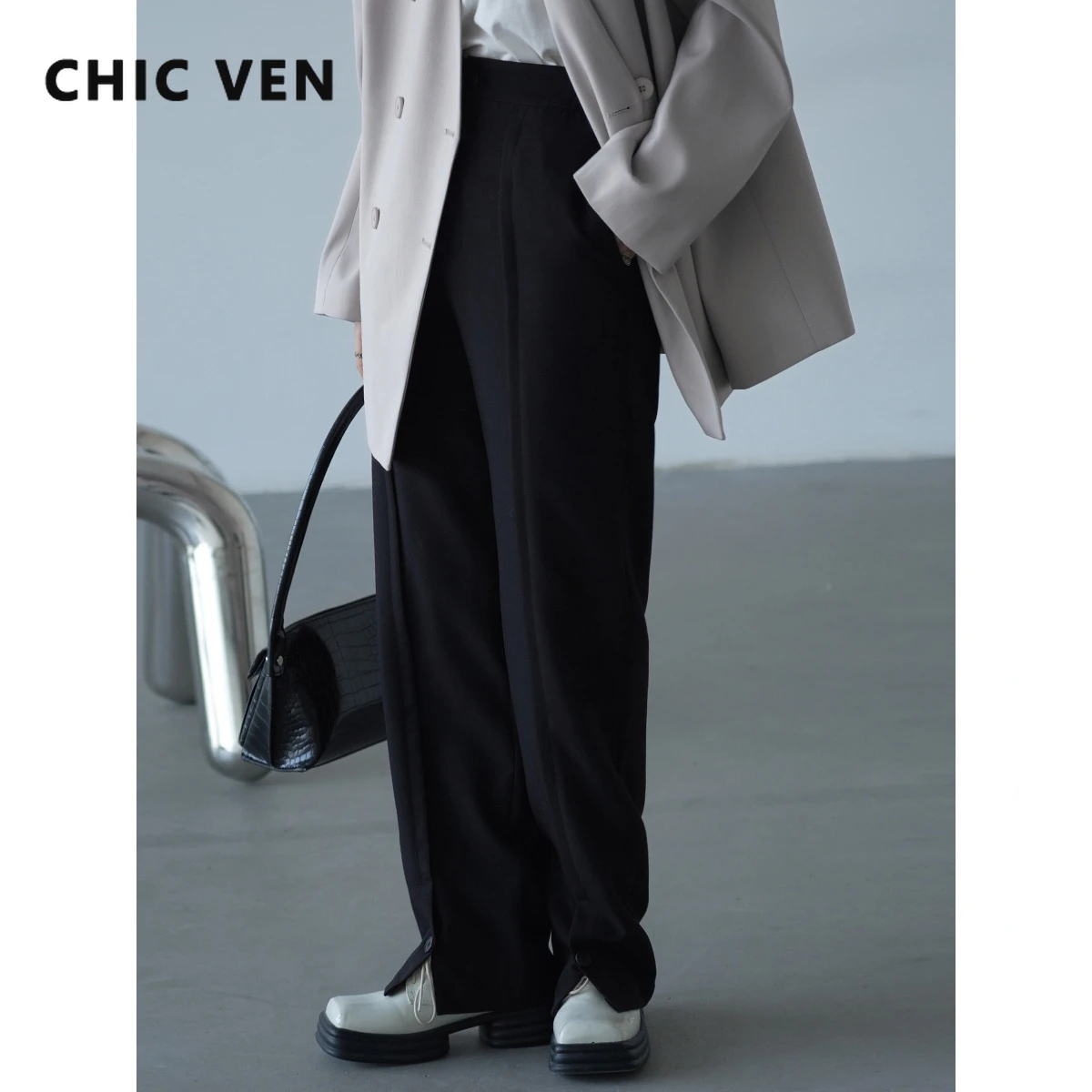 

CHIC VEN Casual Straight Women Pants Loose Tube High Waist Pleated Slit Women's Trousers Office Lady Female 2022 Spring Autumn