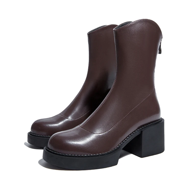 2022 Winter New Women's Knee Nude Boots Fashion Thick Heel PU Leather Back Zipper Thick Sole Chelsea Boots Women's Shoes 2