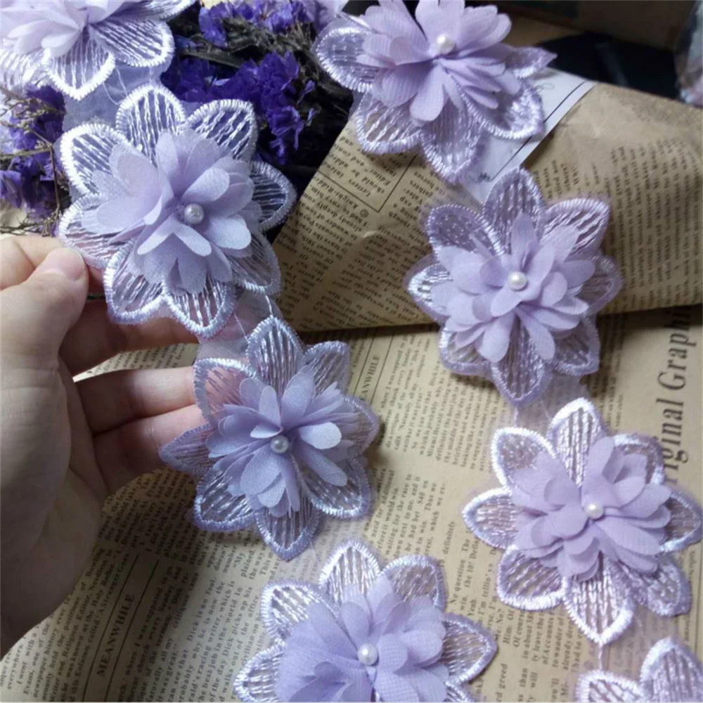 

2yard Puple Rose Flower Pearl Chiffon Embroidered Lace Trim Ribbon Fabric Sewing Craft Patchwork Handmade DIY for Costume Decor