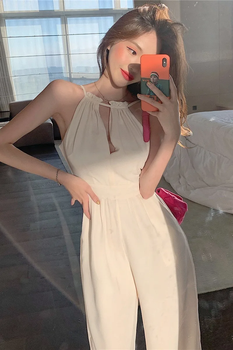 New High Waist Wide Leg Jumpsuit Women White Open Back Jumpsuit Summer 2023 Elegant Long Robe Fashion Streetwear Casual Homewear