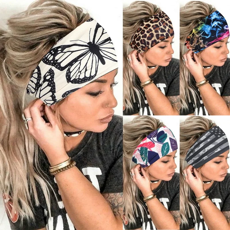 

Sun Flower Printed Women Headband Wide Sports Yoga Sweatband Elastic Stretch Hairband Headwear Boho Turban Hair Accessories