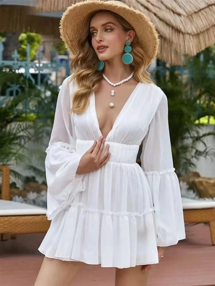 

Elegant Solid Waist-tie Dress Spring 2023 Women Sexy Deep V Short Skirt High Waist A-line Holiday Beach Dress Mini dresses A2193