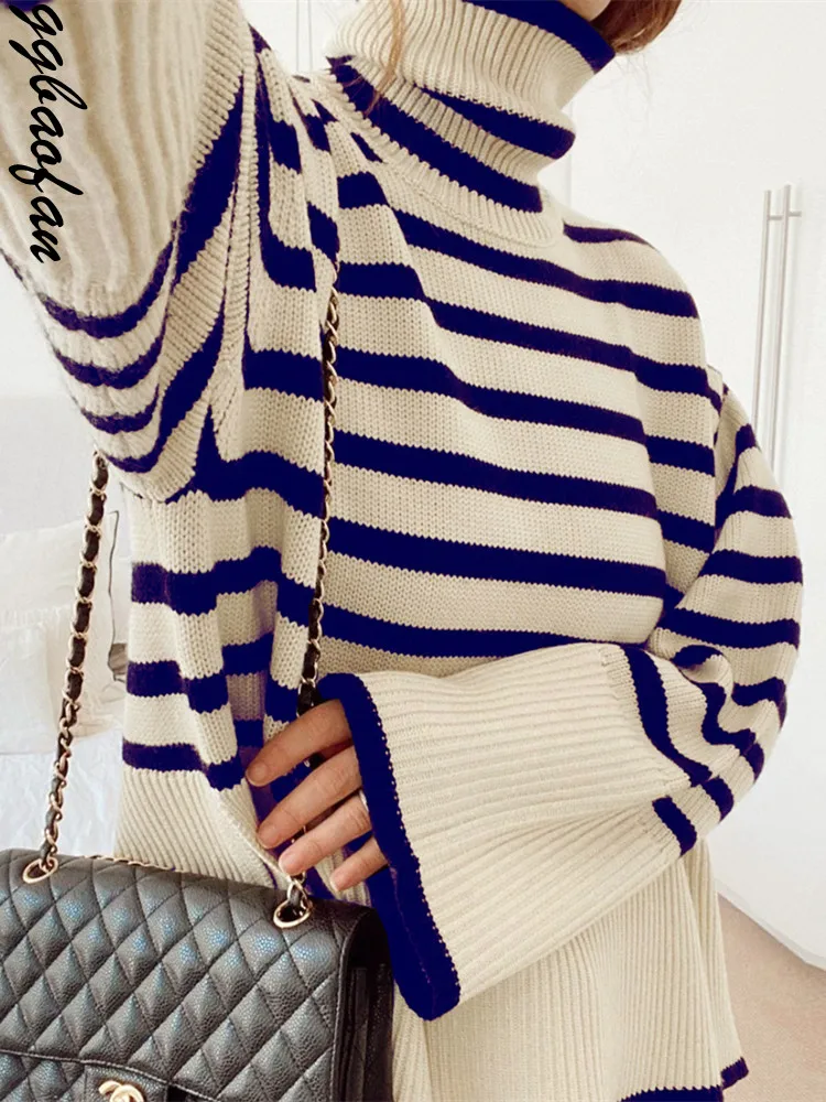 

Повседневные вязаные пуловеры Ggbaofan с длинным рукавом, свитеры для женщин, топы, свитеры, топы в полоску, водолазка, большие размеры, Осень-зи...