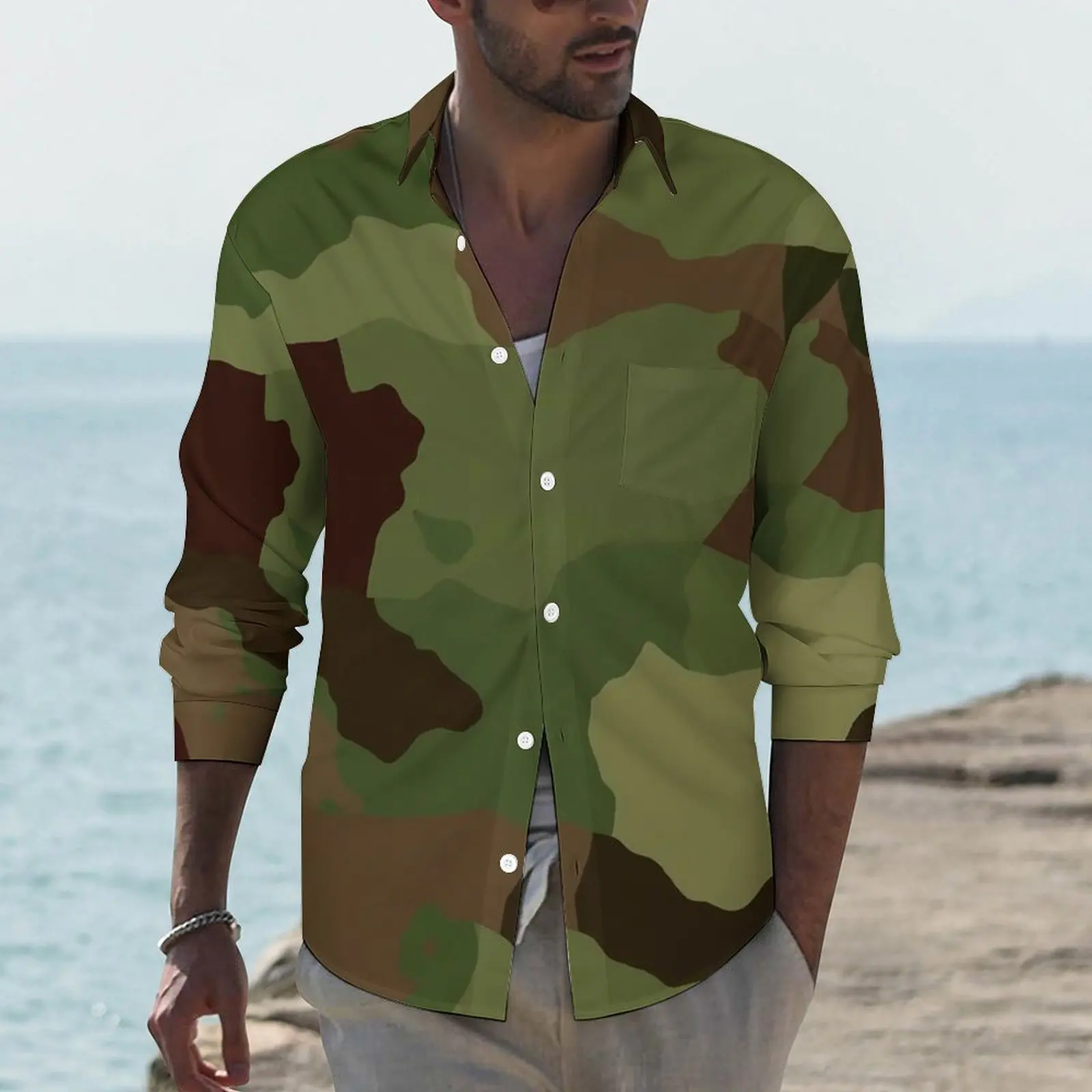 

Camo Print Shirt Autumn Green Camouflage Casual Shirts Mens Loose Blouses Long Sleeve Pattern Y2K Tops Plus Size