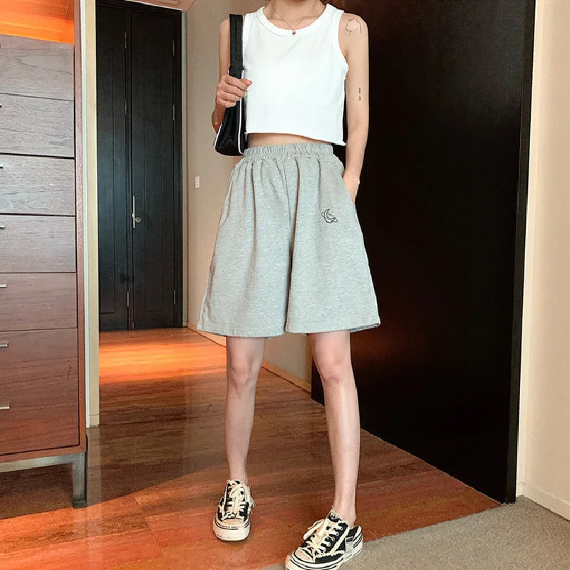Shorts Women Summer Loose  Solid Embroidery BF Wide-leg Knee-length Harajuku Casual Simple High Elastic Waist loose clothing
