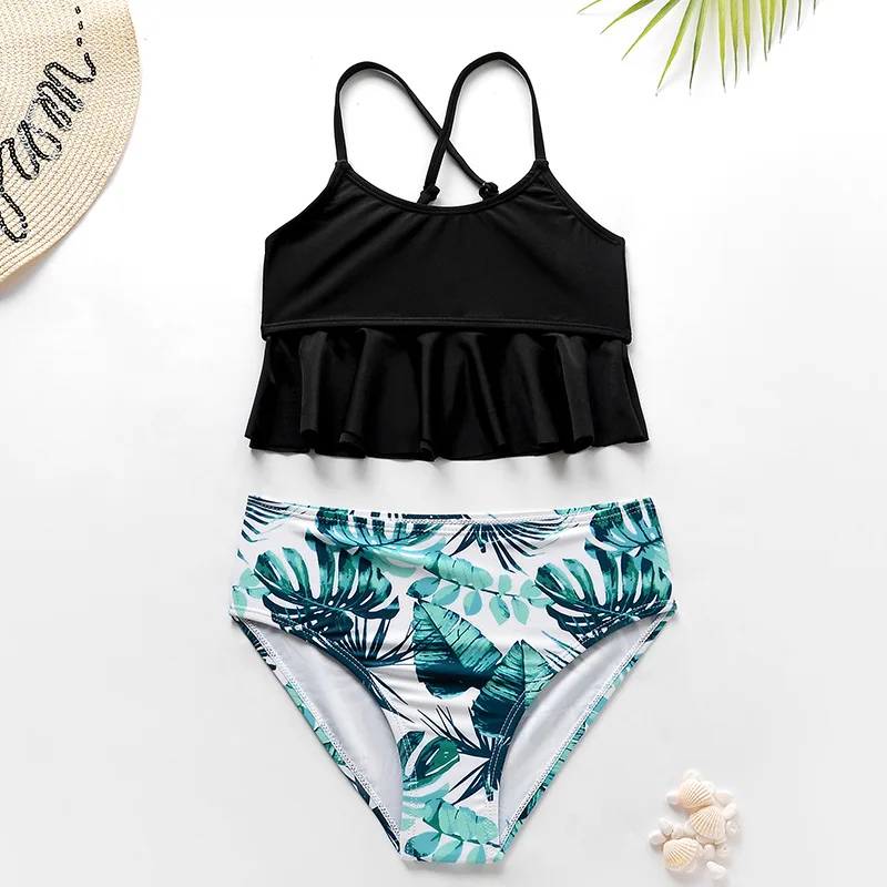 

Girls Swimsuit Palm Tree High Waist Bikini Set 5-16Years Ruffle Two Piece Children's Swimwear Little Girl Bathing Suit Beachwear