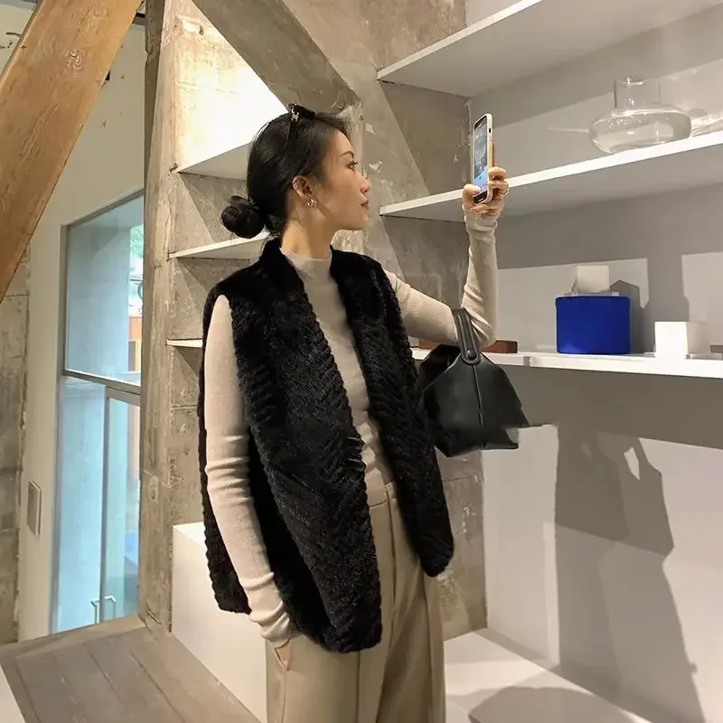 Женский короткий жилет из искусственного меха свободный Трикотажный с V-образным