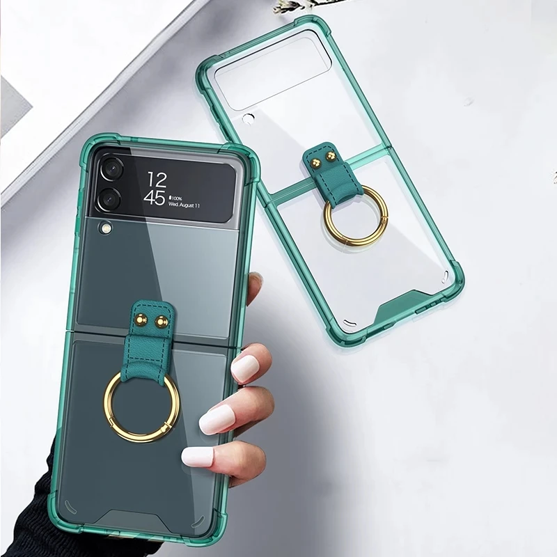 

For Samsung Galaxy Z Flip 3 5G Case Airbag Plating Transparent Finger Ring Holder Cover For Samsung Flip 3 Flip3 5G Case