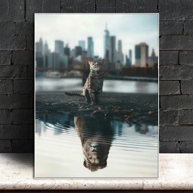 

Canvas Painting Wall Art Cat's Lion Reflection Canvas Painting Human Mind Lion Posters and Prints Modern Living Room Home Decor