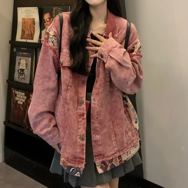 

2023 Autumn Vintage Red Denim Jacket Spring Panel Wash Used Denim Jacket Fall Korean Couple Jacket Top Retro Print Cute Y2k Top