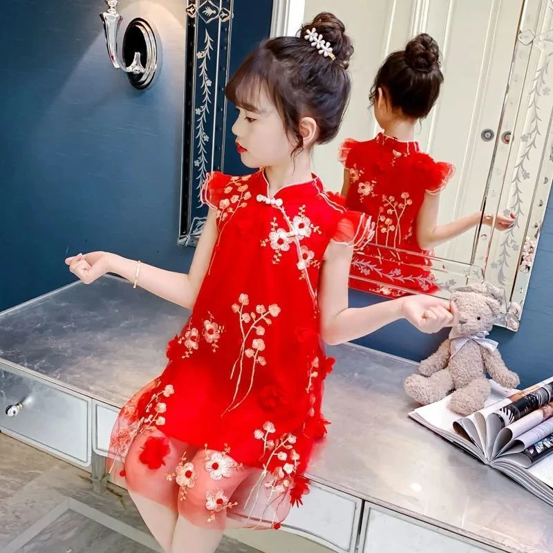 Kids Girl Cheongsam Dress Summer 2023 Baby Princess Dresses New Teenager Sleeveless Dress Children Party Clothes 10 To 12 Years