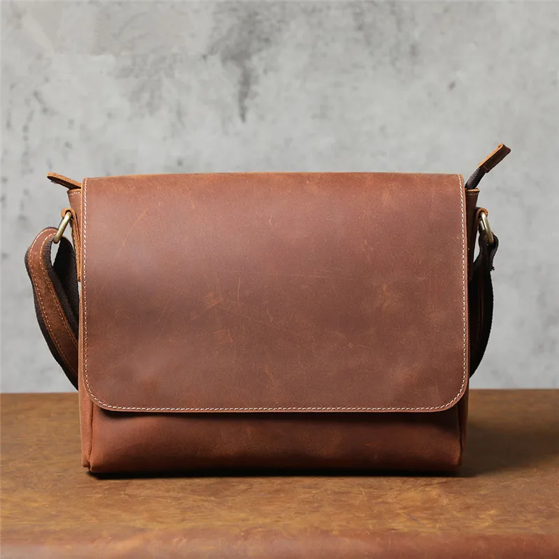 Retro fashion luxury crazy horse leather men's square shoulder bag outdoor daily work youth real cowhide big messenger bag