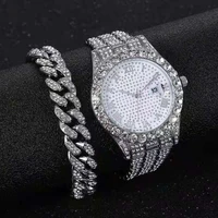 2pcs iced out watch for men full iced out watches quartz hip hop bling bling diamond mens watch gold watch set wrist watch reloj