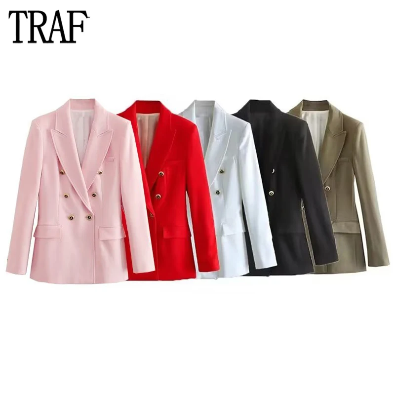 

TRAF 2023 Office Blazer for Women Double Breasted Women's Blazers Long Sleeve Straight Blazer Woman Streetwear Jacket Women Coat