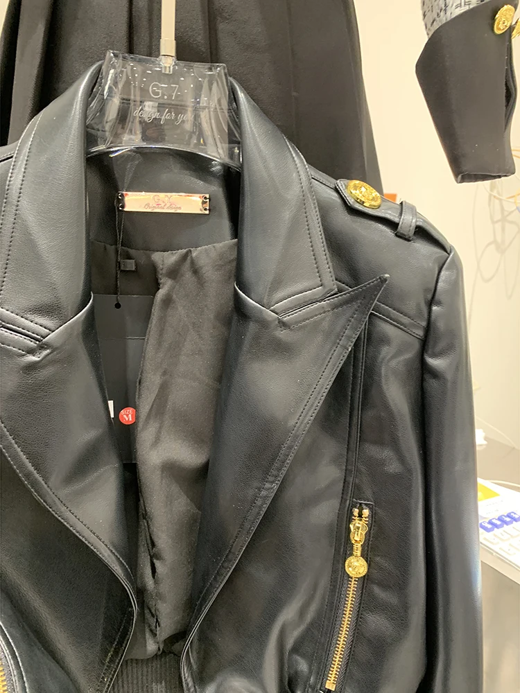 HIGH QUALITY 2023 New Designer Women's Lapel Pu Leather Motorcycle Short Jacket