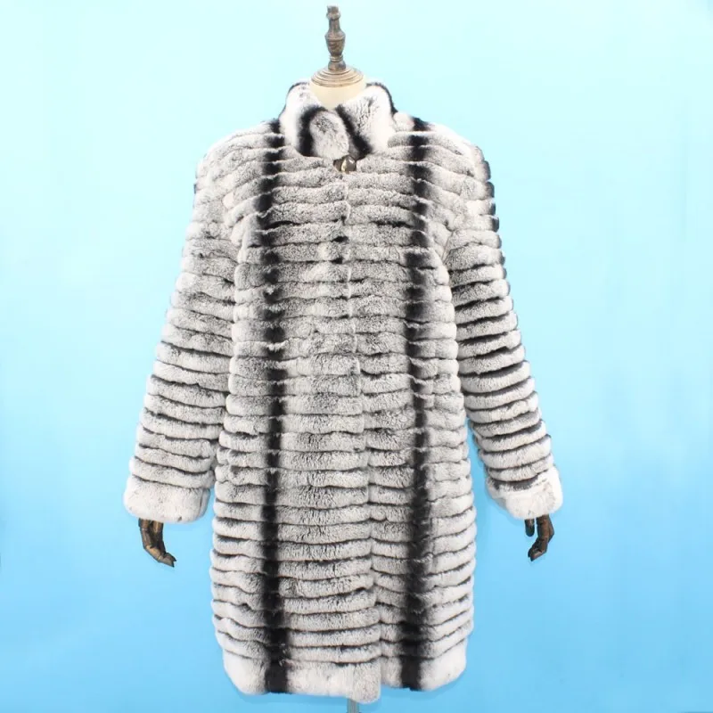 New Arrival Luxury Women Fur Coats S-4XL Natural Real Rex Rabbit Fur Coat Chinchilla Color Warm Winter Long Jacket