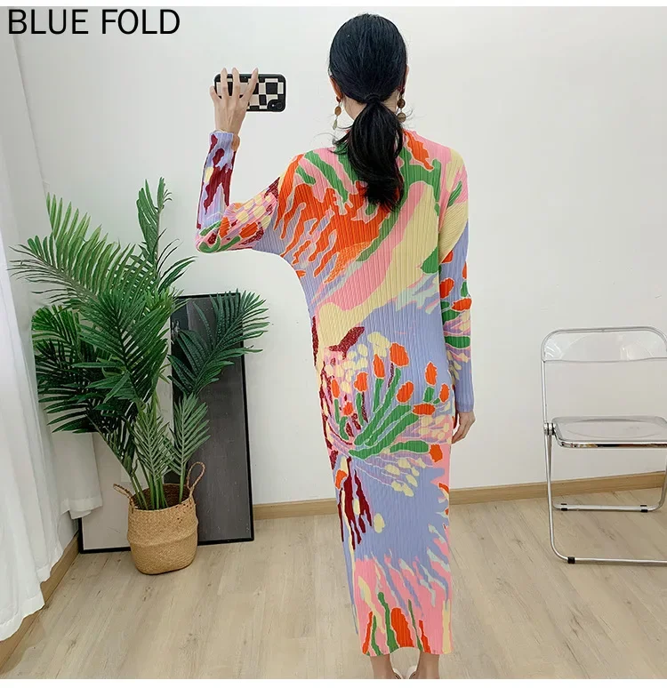 MIYAKE-Плиссированное женское платье с принтом прямое длинное воротником до