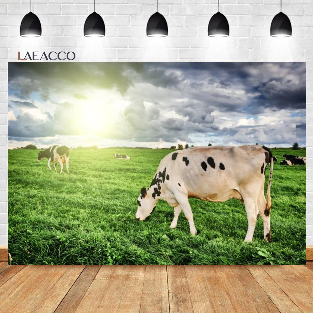 Laeacco зеленый луг пастбище природный ландшафт коровы Фотофон цветы облака