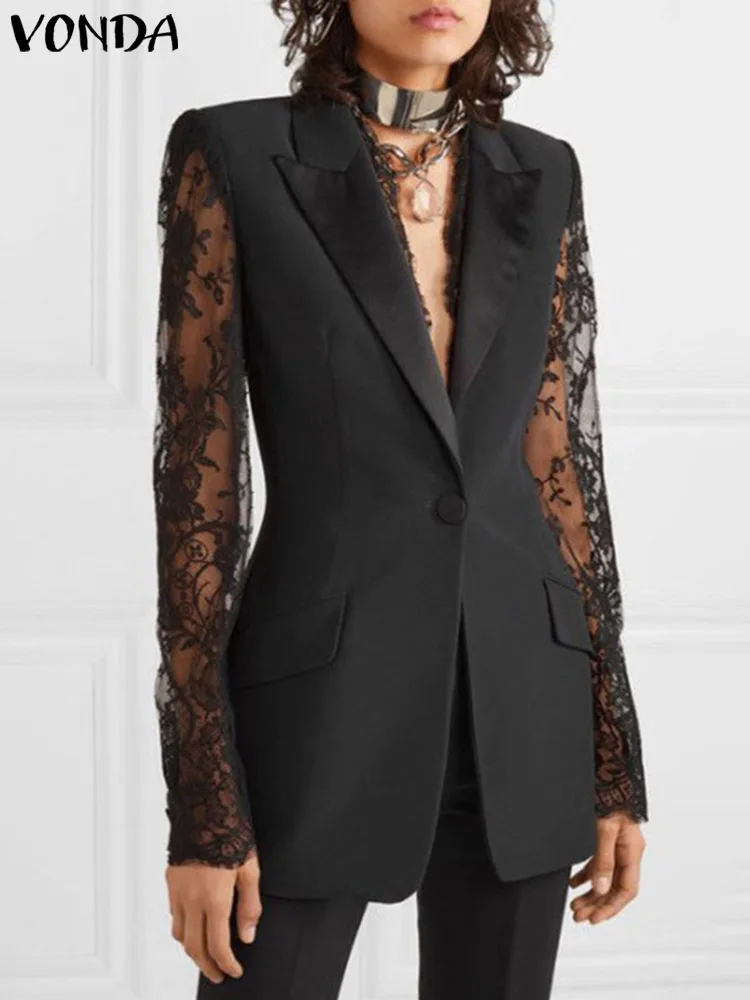 

VONDA Y2K Elegant Women Solid Lapel Collar Patchwork Coats Casual Coat Female Long Sleeve Button Up Lace Jackets Office Blazers