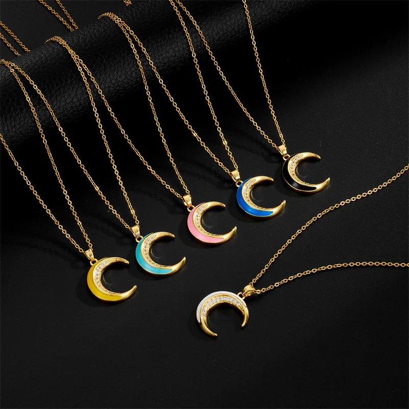 

Zircon Moon Necklace Heart Shaped Pendant Gold Choker Chain Fashion Style Stainless Steel Jewelry for Women