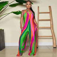 wuhe colorful print halter backless wide leg romper women jumpsuit loose hollow out sexy one piece overalls