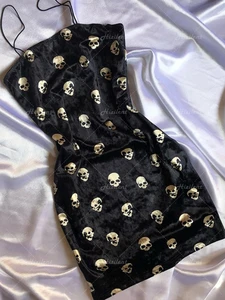 Black skull printed Vintage Streetwear Punk Bodycon Dress Women Y2K Summer dress A-line Sexy Slim Spaghetti Strap Mini Hot Goth