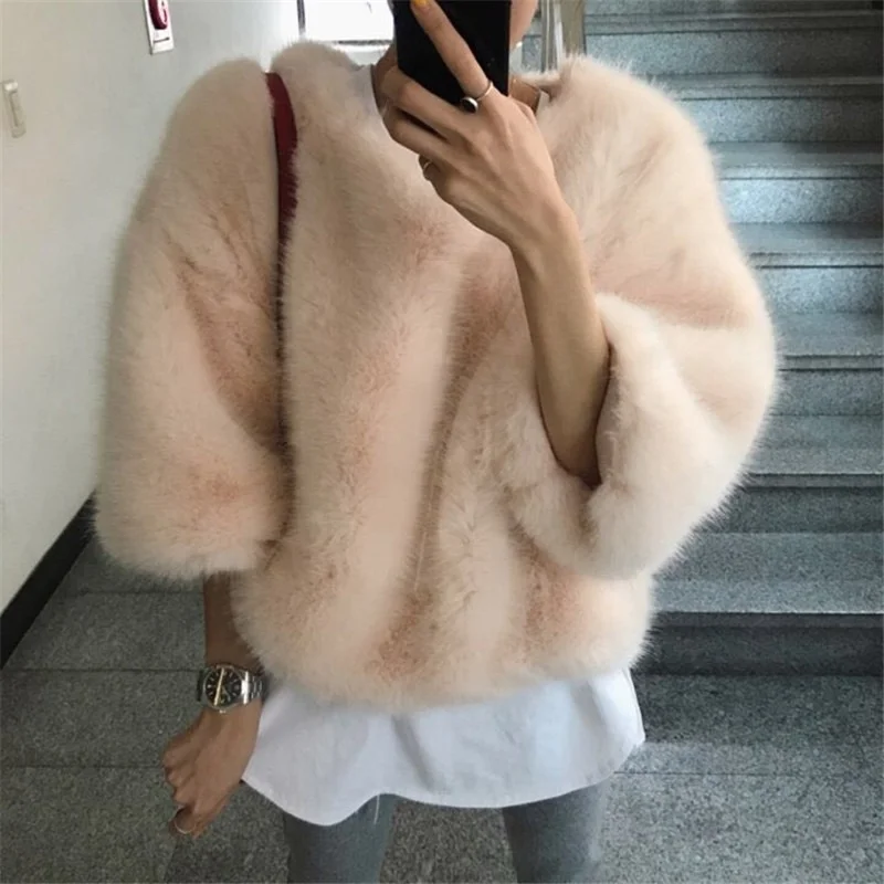 

2021 Korean Casual Long-sleeved Sweater Women Fashion Casual Furry Winter Clothes Faux Fur Coat Women Thick Warm Knit Sweater