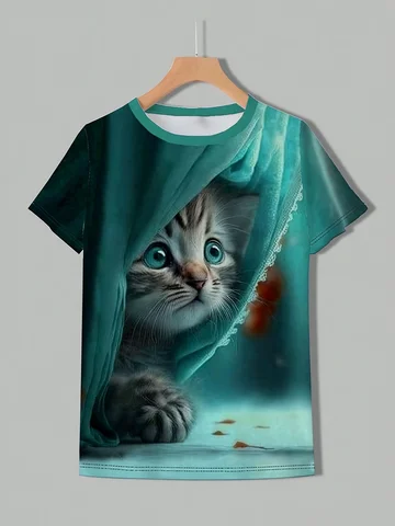 Женская повседневная футболка с короткими рукавами и милым котенком, выглядывающимися сквозными шторами с графикой - бирюзовый животный принт, средний стрейч