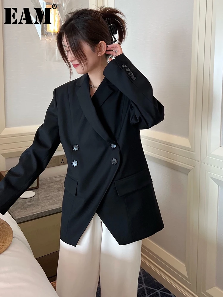 

[EAM] Women Black Irregular Cut Big Size Blazer New Lapel Long Sleeve Loose Fit Jacket Fashion Tide Spring Autumn 2022 1DE7185