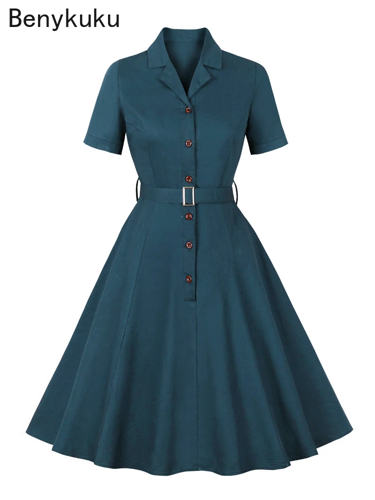 

Однобортное Хлопковое платье с отложным воротником, однотонные женские платья с коротким рукавом и поясом, элегантное женское винтажное свободное платье