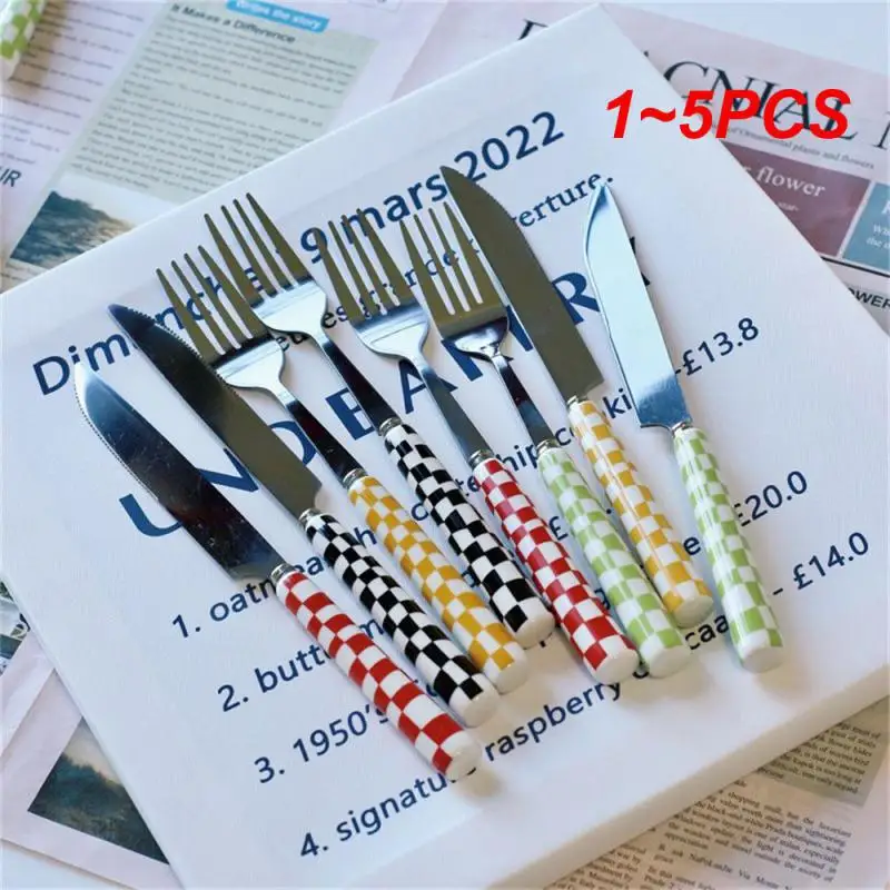 1~5PCS Stainless Steel Knife Spoon Fork With Plaid Ceramic Handle Tableware Household Cutlery Dessert Glossy Kitchen Dinnerware