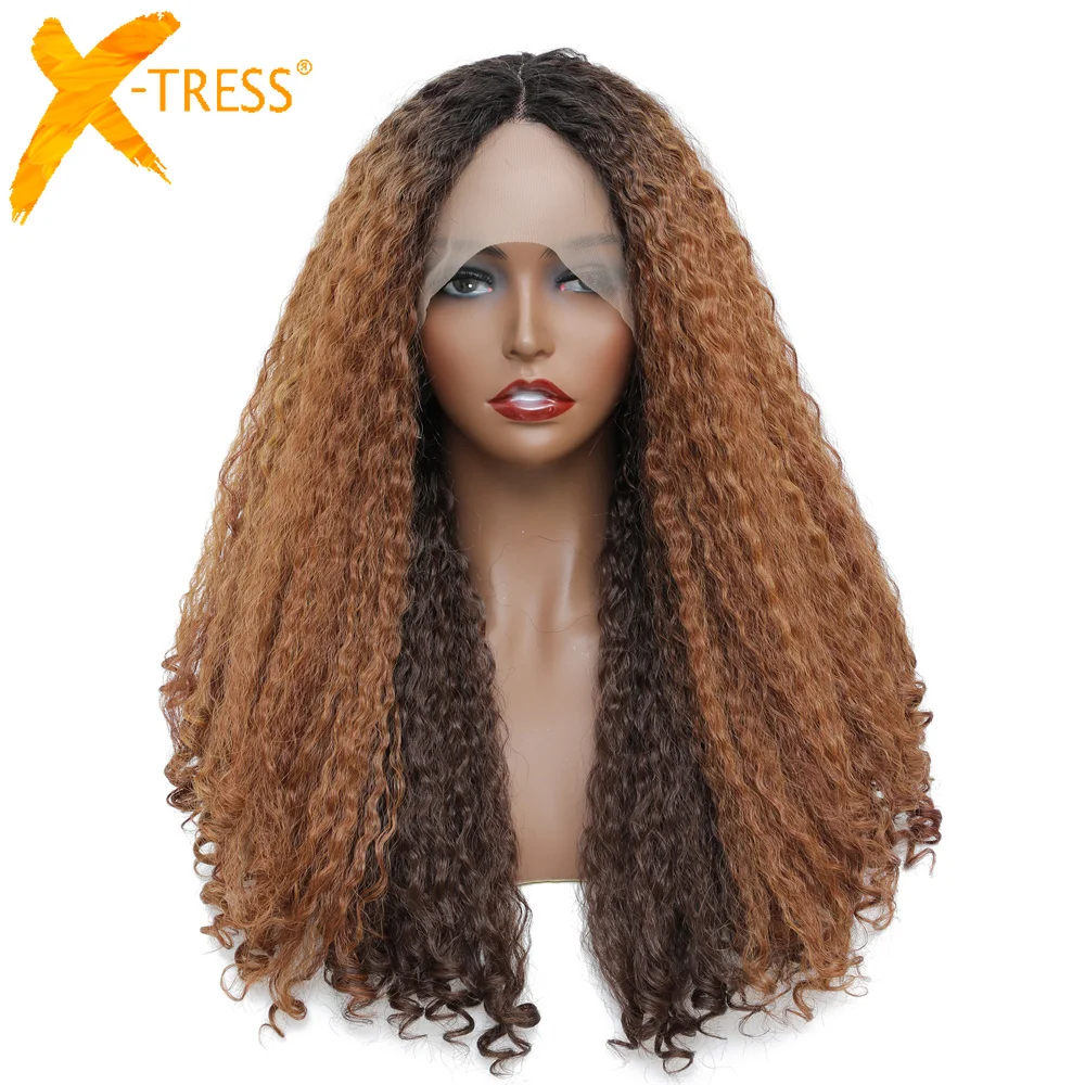 

X-TRESS Ombre Brown Synthetic Lace Front Wig Afro Kinky Curly 20inches Middle Part Heat Resistant Fiber Daily Hair Wig For Women