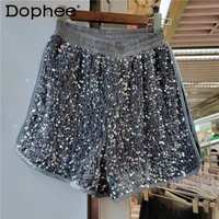 summer bling shiny sliver sequined wide leg shorts womens 2022 new fashion all match high waist outwears