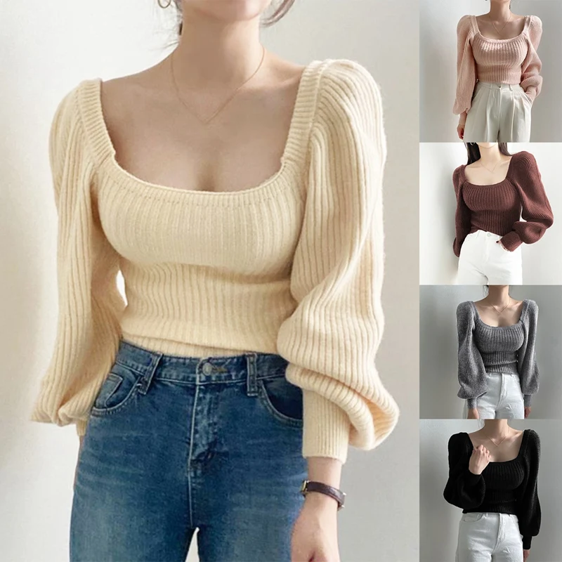 

Женский модный Повседневный шерстяной топ с квадратным вырезом и рукавами-фонариками, один размер