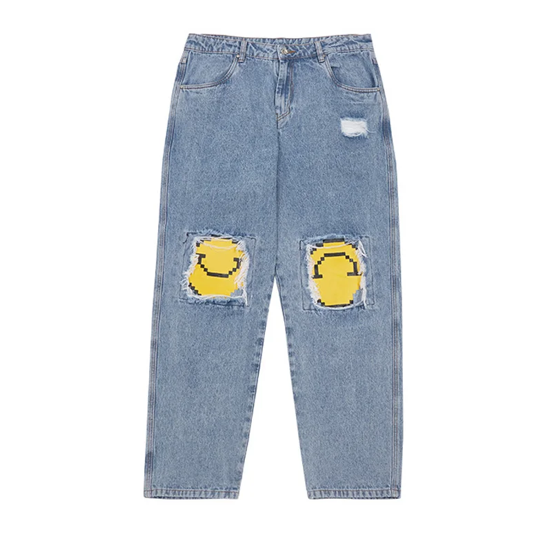 

Hip Hop Jeans Men Hole Smiley Print Denim Pants Fashion Loose Washed Distressed Straight Trousers High Street Jeans Spring Male