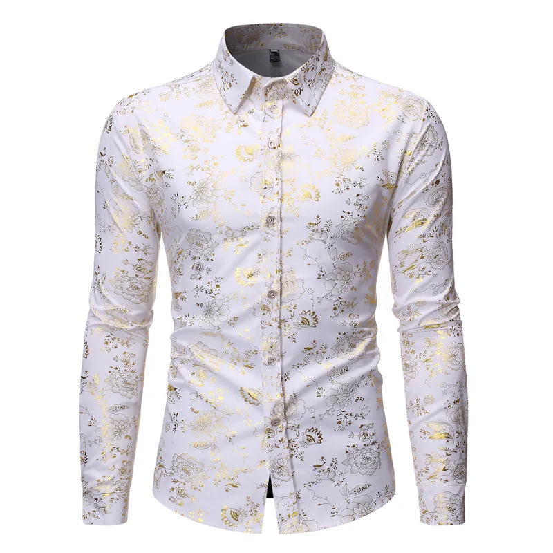 Mattswag Mens WIne Red Luxury Floral Gold Shiny Print Shirts Stylish Slim Long Sleeve Dress Shirt Party Prom Show Camisa Men XL
