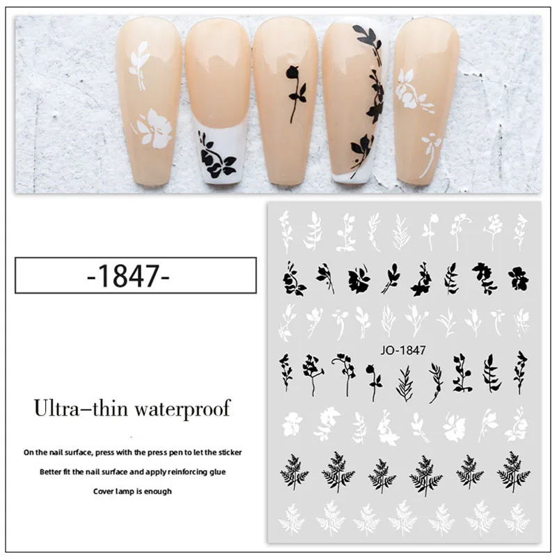 Black white flowers sticker for nail art decoration leaves rose hanna nail film face hand finger strips DIY manicure decal YJ110