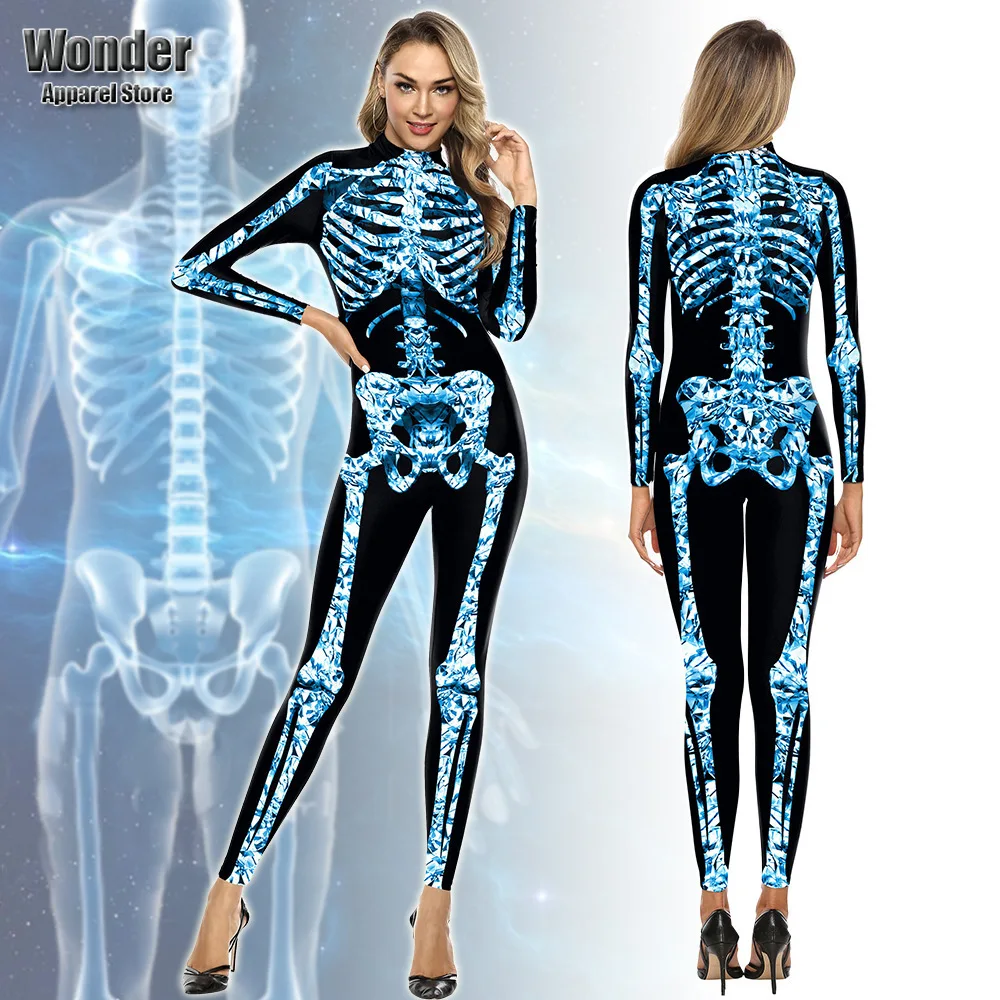 

Women Men Blue Skull Body Skeleton 3D Printing Jumpsuit Adult Halloween Cosplay Costumes Party Role Playing Dress Up Outfit
