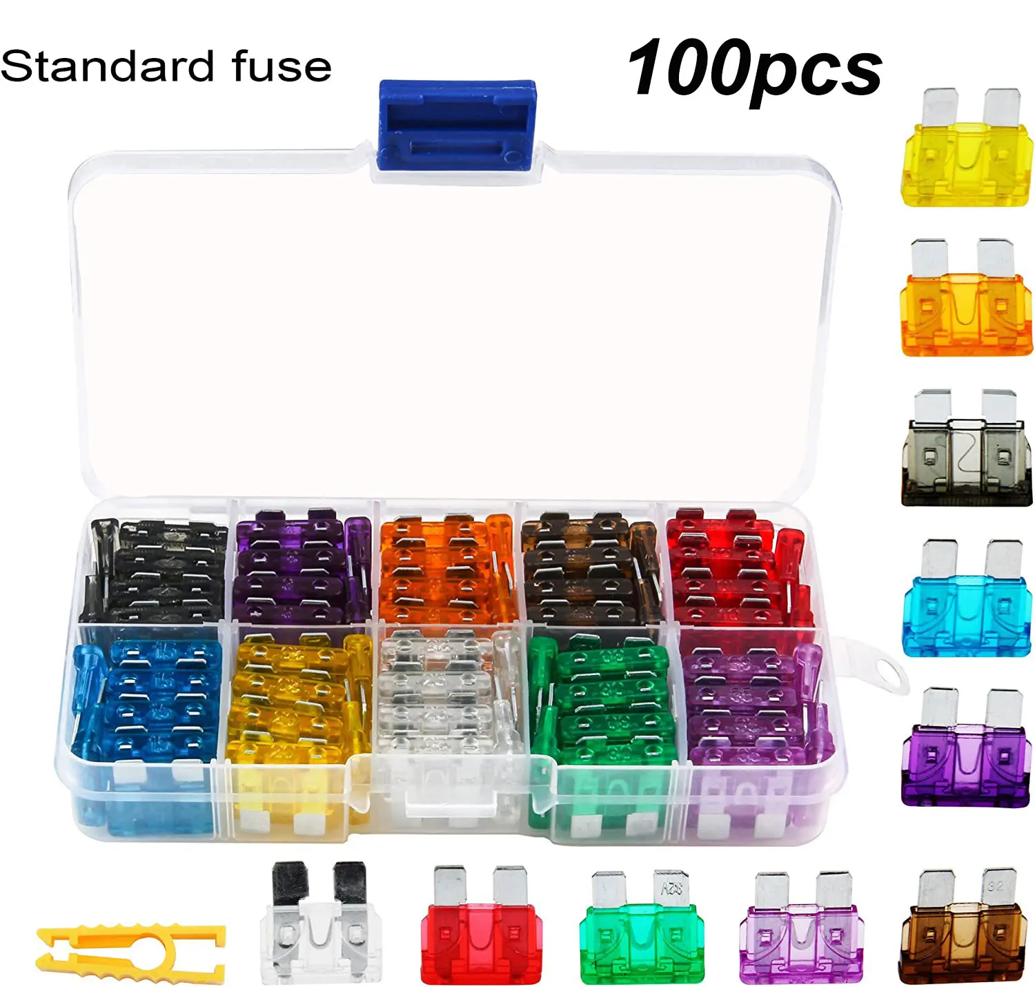 

100pcs Profile Medium Size Blade Type Car Fuse Assortment Set Auto Car Truck 2.5/3/5/7.5/10/15/20/25/30/35A Fuse with Box Clip
