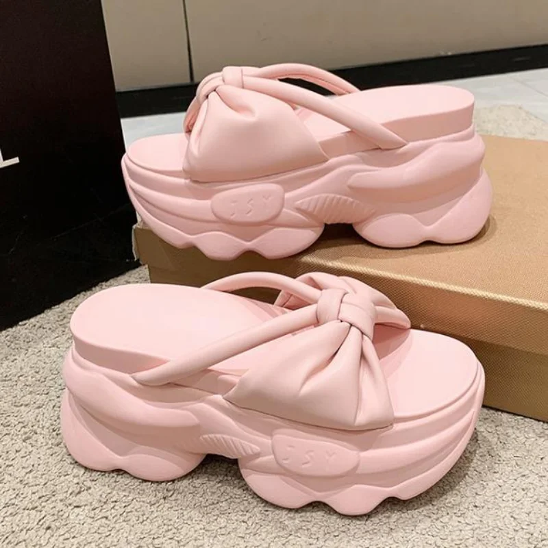 

7.5CM High Platform Slippers Women Solid Color Thick Sole Leather Sandals Woman Chunky Summer Casual Beach Slides Zapatos Mujer