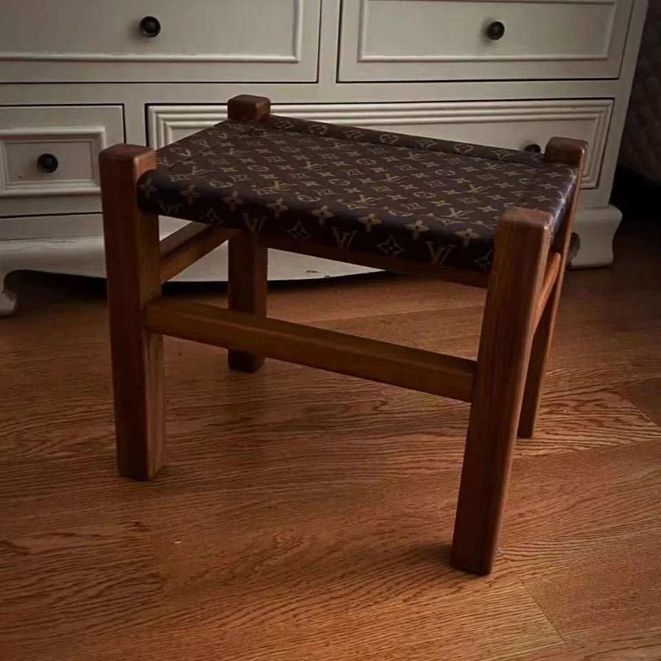 

Simple leather solid wood woven square stool coffee table stool handmade living room bedroom shoe stool outdoor suitable for lei