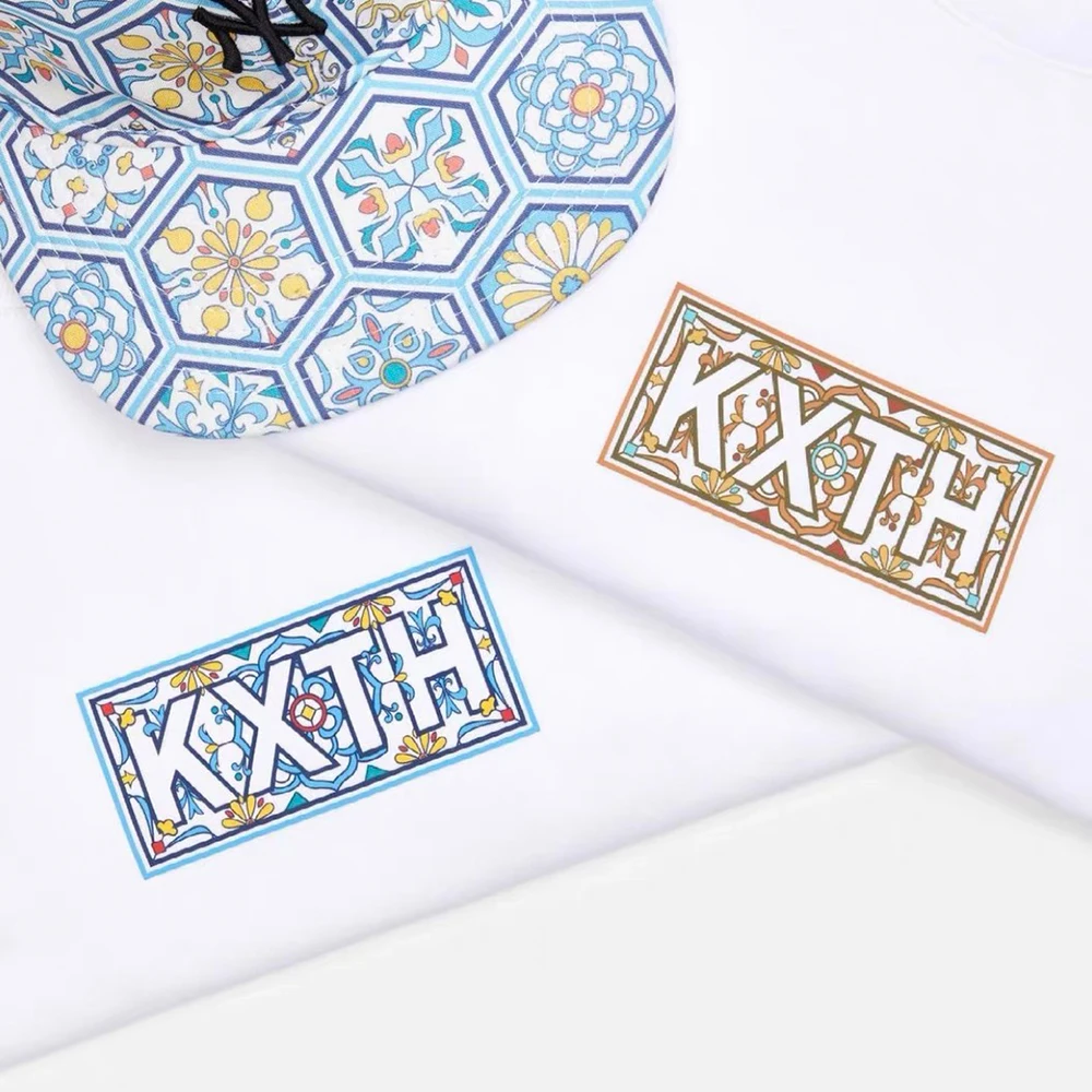 KITH марокканские кешью цветы плитка логотип футболки мода лето 230 г тяжелая ткань