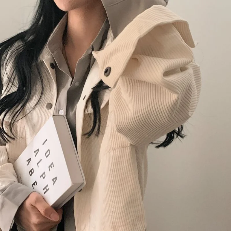 Cropped Jackets Women Vintage Chic Korean Fashion Loose All-match Casual Harajuku Spring Solid Corduroy Coats Streetwear College images - 6