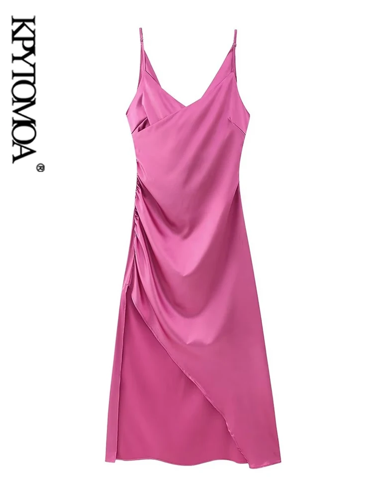 

KPYTOMOA Women Fashion With Chain Front Slit Satin Midi Dress Vintage Backless Side Zipper Thin Straps Female Dresses Vestidos