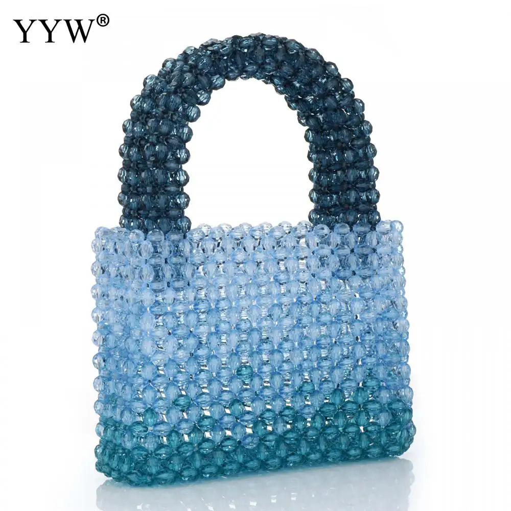 

YYW Women Acrylic Purse Mini Beaded Evening Handbags Handmade Gradient Transparent Blue Beads Tote Bags For Wedding/Beach/Party